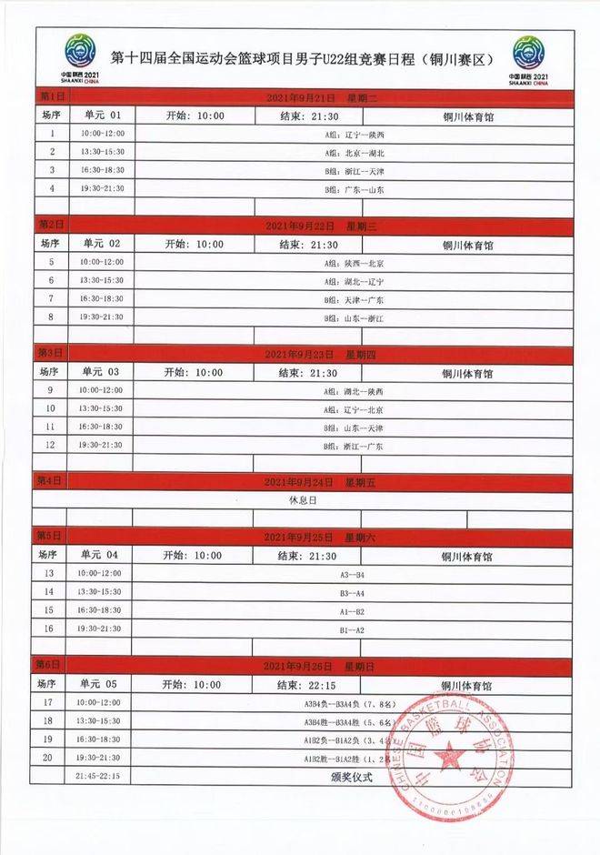 全运会U22男篮赛程公布：9月21日开打 9月26日决赛